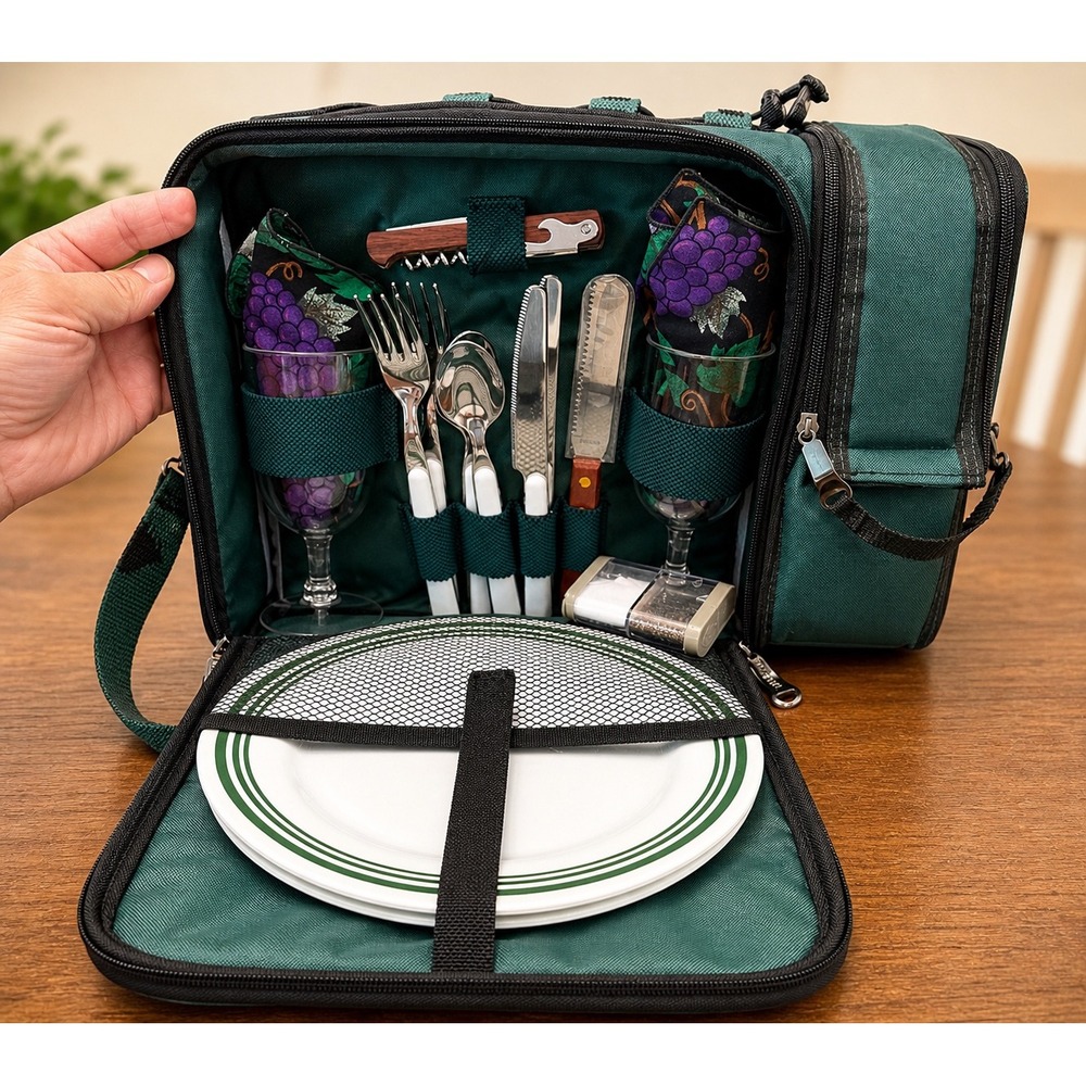Picnic Time 2 Person Insulated Picnic Gear Backpack Bag‎ Plates Wine Glasses Set